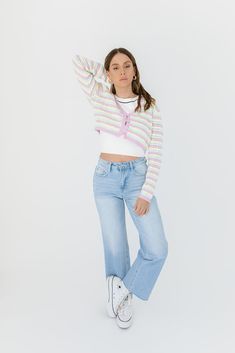 multicolor stripes // working buttons, long sleeves, cropped paired with our june set tank + about time denim model is 5'6" + wearing a small measurements are approximate + taken while laying flat small : bust 40” length 15” medium : bust 42” length 15.5” large : bust 44" length 16" more fit + fabric info : cotton, acrylic // fabric has a lot of stretch // fits true to size More Than Friends, Acrylic Fabric, About Time, Large Bust, Small Bust, Sale Items, Final Sale, Stripes, Long Sleeves