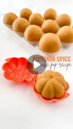 pumpkin spice cupcakes in a plastic container and on a white table with text overlay