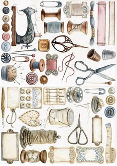 an illustration of various sewing supplies including thread, scissors and spools