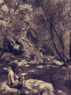 a naked man sitting on top of a rock next to a forest filled with trees