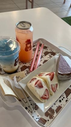 a tray with some food and drinks on it