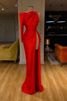 Red Long Sleeve Prom Dress, Valdrin Sahiti, Red Prom Dress Long, Split Prom Dresses, Luxurious Dresses, Modest Prom, Long Sleeve Prom, Red Evening Dress, Prom Dresses Modest