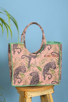 quilted tote bag made by Indian Artisans tiger print tote quilt tote bag this quilted boho shopping bag is totally handmade and multi purpose use this for shopping travel and more perfect to suit all Size in Inch:- Height-19" inch Width- 25" inch Handle-11" inch Size In CM:- 40x40x13 cm Handle height- 35 cm Material: 100% Cotton Pattern: Quilted Style: Ethnic Product Work: Printed & quilted Stitched Wash Care Instructions:- Dry clean only Quilted Bags For Everyday Summer Use, Summer Quilted Bag, Quilted Summer Bags, Quilt Tote Bag, Cotton Shopping Bags, Boho Shops, Boho Handmade, Quilted Tote Bags, Quilted Totes