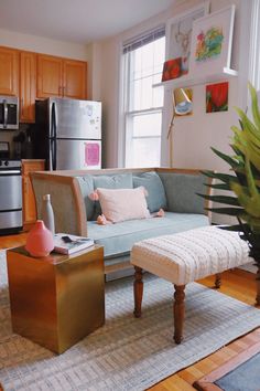 a living room filled with furniture and a potted plant on top of a table