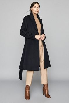 The Hattie coat in navy is crafted using a wool-rich blend and is designed to fall to a slim-fitting, longline silhouette with a concealed buttoned front and slanted side pockets. Dry clean only. 80% Wool, 20% Nylon. Brown Coat Outfit, Fall Fashion Staples, Edgy Leather Jacket, Chic Fall Outfits, Longline Coat, Coat Outfit