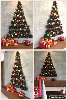 the christmas tree is decorated with red and gold ornaments