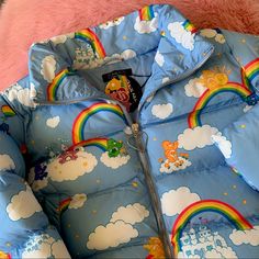 New Care Bears X Dolls Kill Baby Blue Puffer Jacket. Sold Out And Sooooo Cute!!! Rainbows And Bears All Over This Little Cutie! Clouds Make It Perfect For Now Into Spring!!!! One Of The Best Pieces From Their First Collection *No Offers - Price Is Final Cloud Aesthetic Clothes, Care Bears Accessories, Carebear Outfits, Cute Outerwear, Care Bear Aesthetic, Care Bear Onesie, Soft Kidcore, Silly Clothes, Blue Puffer Jacket