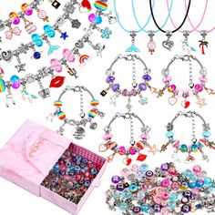 PRICES MAY VARY. Package Include: DIY charm bracelet making kit come with 60 Pcs European big hole color beads, 40 Pcs Charm and 40 Pcs Beads Pendants, 5 Pcs love chain bracelet, 5 Necklace Cords and 1 gift box DIY Kit For Girls: Unicorn/Mermaid Crafts Gifts Set, Creating a unique jewelry charms craft, dangle, bracelet, keychain, anklet. It can be an entertaining party craft for girls. Simple to Use - Unscrew to remove the end cap, After stringing in the beads, simply screw back the end cap tigh Charm Bracelet Making, Charm Necklace Diy, Bracelet Making Kit, Mermaid Crafts, Pink Gift Box, Gifts Set, Bracelets Charms, Jewelry Making Kits, Charms Necklace