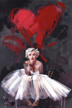 a painting of a woman sitting in front of a red heart