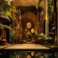 an indoor swimming pool surrounded by palm trees and greenery in front of a building