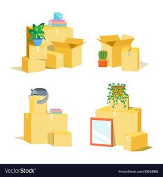 cardboard boxes with plants and other things in them - miscellaneous objects / objects illustrations on separate layers