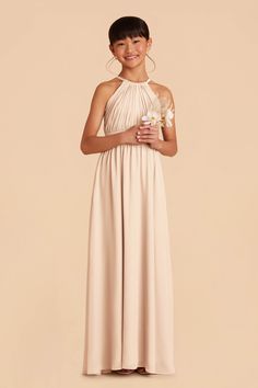 Sienna Neutral Champagne Junior Bridesmaids Dress | Birdy Grey Velvet Gowns, Kids Bridesmaid Dress, High Neck Halter Dress, Middle School Dance, Bridesmaid Dress Chiffon, Junior Dress, Formal Bridesmaids Dresses, Green Themed Wedding, Champagne Bridesmaid Dresses