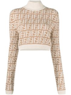 camel brown cashmere FF motif high neck ribbed-knit edge long sleeves cropped Luxury Beige Sweater For Fall, Luxury Beige Tops For Fall, Fendi Women Outfits, Luxury Long Sleeve Wool Cropped Sweater, Fendi Knitwear, Womens Fendi Sweater, Fendi Top Women, Fitted Beige Jacquard Knit Sweater, Designer Long Sleeve Jacquard Knit Top