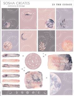 some pink and grey watercolor paper with the words, moon and stars on it