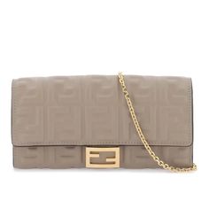 Fendi Ff Embossed Baguette Wallet On Chain Is Made From Taupe Lambskin Nappa Leather And Adorned With A Golden Fendi Logo. - Fold Over Top With Magnetic Closure. - Interior Pocket And Card Slots. - Detachable Shoulder Strap And Detachable Shoulder Chain - Measurements: Depth 1.5in Height 4.75in Width 8in/ Removable Shoulder Strap Drops 23in/ Adjustable And Removable Shoulder Strap Drops 18in - Made In Italy - Comes With A Box And A Dust Bag. - Designer Sku Number: 8m0365aajd - Designer Color: F0 Fendi Logo, Shoulder Chain, Nappa Leather, Emboss, Dust Bag, Shoulder Strap, Color Design, Fendi, Wallet