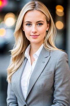 a woman in a business suit posing for the camera