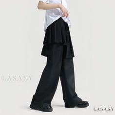 Lasaky - Asymmetric Pleated High-Waisted Wide Leg Pants with Minimalist Design Modern Fitted Asymmetrical Bottoms, Chic Asymmetrical Hem Bottoms For Work, Asymmetrical Solid Bottoms For Workwear, Asymmetrical Solid Bottoms For Work, Modern Asymmetrical Hem Bottoms For Spring, Summer Workwear Bottoms With Asymmetrical Hem, Modern Asymmetrical Black Bottoms, Trendy Asymmetrical Solid Bottoms, Trendy Solid Asymmetrical Bottoms