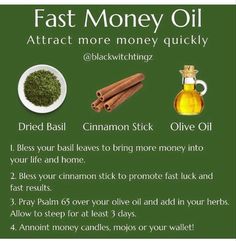 Fast Cash Oil Recipe, Money Oil Recipe, Money Oil, Money Candle Spell, Money Spells Magic, Affirmation Station, Hoodoo Magic, Powerful Money Spells