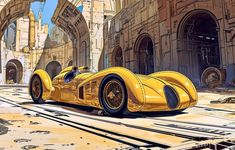 a yellow race car is parked in front of an old building with arched doorways