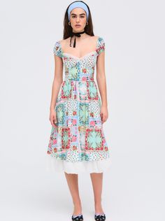 Kiera Patchwork Midi Dress — Multi Multicolor Floral Patchwork Dress For Garden Party, Multicolor Midi Dress With Floral Patchwork, Multicolor Floral Patchwork Midi Dress, Whimsical Spring Dress With Lace Trim, Whimsical Lace Trim Spring Dresses, Spring Patchwork Midi Dress With Short Sleeves, Spring Patchwork Short Sleeve Midi Dress, Short Sleeve Patchwork Midi Dress For Spring, Whimsical Short Sleeve Dresses For Summer