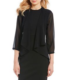 From Calvin Klein&#x2C; this shrug features:chiffon3/4-sleevescascading open frontapprox. 20.6" lengthpolyester/spandexdry cleanImported. Legal Office, Handbag Scarf, Illusion Gown, Cardigan Shrug, Chiffon Cardigan, Modest Clothes, Printed Sleeveless Blouse, Shrug Cardigan, Women's Sweaters