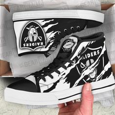 Oakland Raiders Shoes Custom High Top Sneakers For Fans Full canvas double sided print with rounded toe construction. Lace-up closure for a snug fit. Metal eyelets for a classic look Soft textile lining with lightweight construction for maximum comfort. High quality outsole for traction and exceptional durability. Design by GearWanta Please allow 10-15 business days to receive a tracking number while your order is hand-crafted, packaged and shipped from our facility. Estimated shipping time is 1 Oakland Raiders Shoes, Oakland Raiders Fans, Oakland Raiders Logo, Raiders Fans, Raider Nation, Shoes Custom, Oakland Raiders, Soft Textiles, Boots And Sneakers