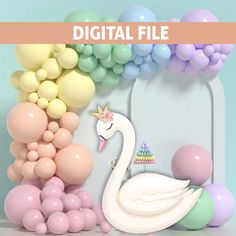 an image of a swan with balloons and streamers in the background that says digital file