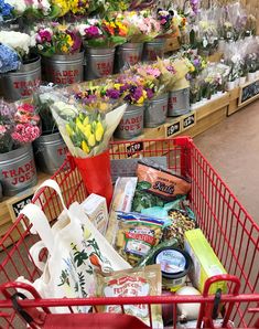 a shopping cart filled with lots of different types of flowers and other things in it