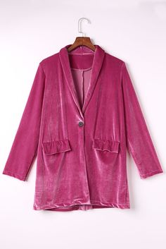 A blazer version of the STEVIE VELVET JACKET in a gorgeous shiny pink velvet. Add a touch of timeless style to your wardrobe with the Stevie Blazer – the perfect layer for any occasion. Crafted from velvet fabric, it features a standard blazer length and folded collar and single button. The styling options are endless - dress it up or down for day or night, and make an effortless statement no matter the season. With its versatility and comfort, the Stevie Blazer is a must-have staple for your wa Button Shawl, Shawl Collar Blazer, Picture Style, European Women, Velvet Blazer, Velvet Jacket, Early Fall, Casual Blazer, Pink Velvet