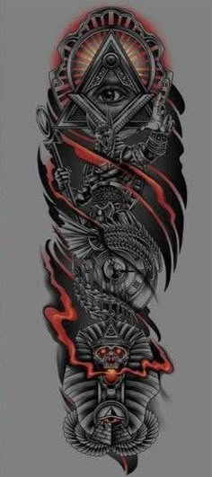 an arm sleeve with tattoos on it and the eye in the center is surrounded by flames