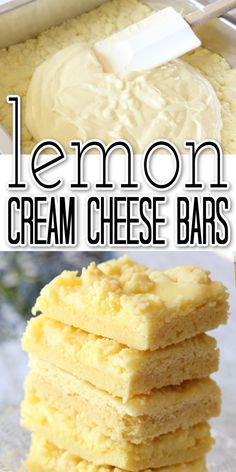 lemon cream cheese bars are stacked on top of each other and ready to be eaten