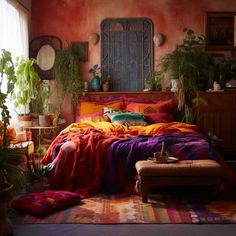 a bed with colorful blankets and pillows in a room filled with plants, potted houseplants and other decor