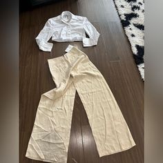 Zara High Waisted Full Length Pants And Cropped Whites Shirt Cropped White Shirt, Full Length Pants, Zara Jumpsuit, Textured Skirt, Bow Detail Dress, Zara White, Zara Pants, Fitted Skirt, Printed Pants