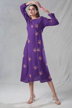 Purple dress with floral motifs all over in sequins, zardozi, thread work hand embroidery. - Aza Fashions Navratri Embroidered Straight Kurta Dress, Semi-stitched Anarkali Dress With Floral Embroidery, Semi-stitched Floral Embroidered Dress For Navratri, Multicolor Resham Embroidered Dress For Reception, Semi-stitched Floral Embroidery Dresses For Navratri, Floral Embroidered Semi-stitched Dress For Navratri, Bollywood Style Maxi Dress With Resham Embroidery, Embroidered Anarkali Georgette Dress, Semi-stitched Multicolor Embroidered Dress For Reception