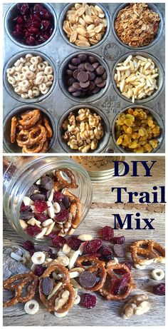 an assortment of trail mix in muffin tins with the words diy trail mix