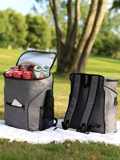 two cooler bags sitting on top of a blanket in the grass next to a tree