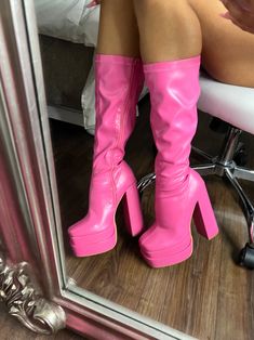 Hot pink platform knee-high heeled boots Patent leather New! Shoes Trendy Pink Platform Boots For Fall, Trendy Pink Fall Platform Boots, Knee-high Boots With Chunky Platform And Wide Calf, Knee-high Wide Calf Platform Boots, Knee-high Platform Boots With Reinforced Heel For Wide Calf, Wide Calf Knee-high Platform Boots With Reinforced Heel, Trendy Pink Knee-high Boots With Round Toe, Trendy Knee-high Platform Boots With Reinforced Heel, Chic Knee-high Chunky Platform Boots