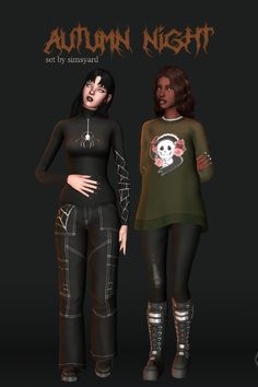 two women standing next to each other in black outfits and boots with skulls on them