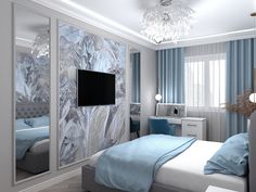 the bedroom is decorated in blue and white colors, with a large mirror on the wall