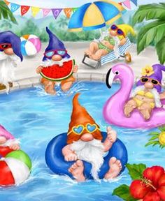 some gnomes are swimming in the pool with flamingos and watermelon floats