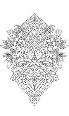 a black and white drawing of an intricate flower arrangement with leaves, flowers and swirls