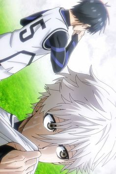 two anime characters with white hair and blue eyes