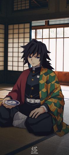 an anime character sitting on the floor holding a plate with food in front of him