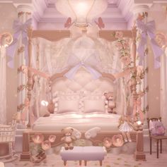 a bedroom decorated in pink and white with lots of teddy bears on the bed frame