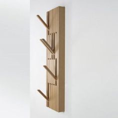 there is a wooden shelf that has three hooks on the wall and two are hanging from it's sides