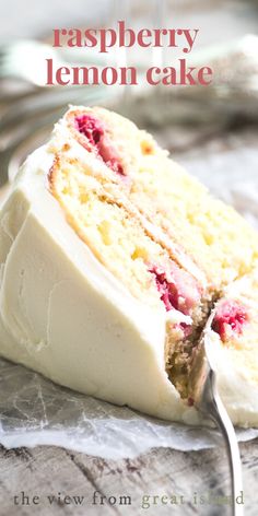 A slice of raspberry cake with lemon frosting. Raspberry Lemon Cake, Raspberry Cake Recipes, Raspberry Lemon Cakes, Lemon Buttercream Frosting, Lemon Cakes, Lemon Layer Cakes, Tea Cakes Recipes, Lemon Buttercream, Lemon Cake Recipe