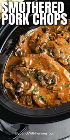 crock pot pork chops with mushrooms and gravy in a slow cooker