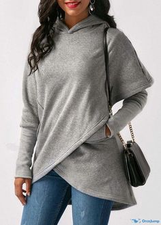 Orcajump - Long Sleeve Hooded Sweater Top with Zipper Plain Hooded Top For Winter, Plain Hooded Top For Fall, Winter Funnel Neck Top For Outdoor, Top With Zipper, Hooded Sweater, Sweater Top, Zipper, Collar, Grey