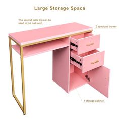 the pink desk has three drawers and is labeled with labels on it for storage space