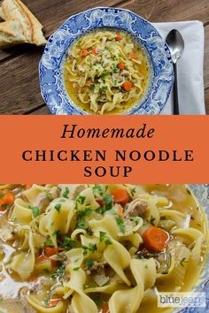 homemade chicken noodle soup in a blue and white bowl on a wooden table with bread